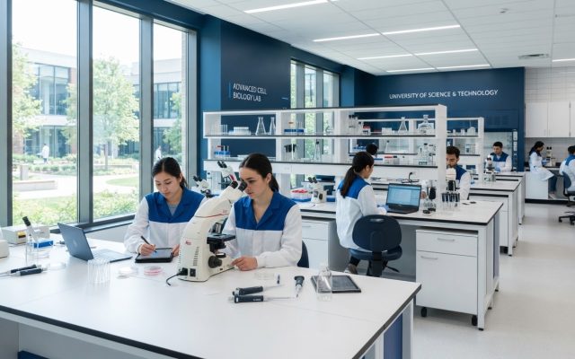 Science laboratory with microscopes on clean white benches.