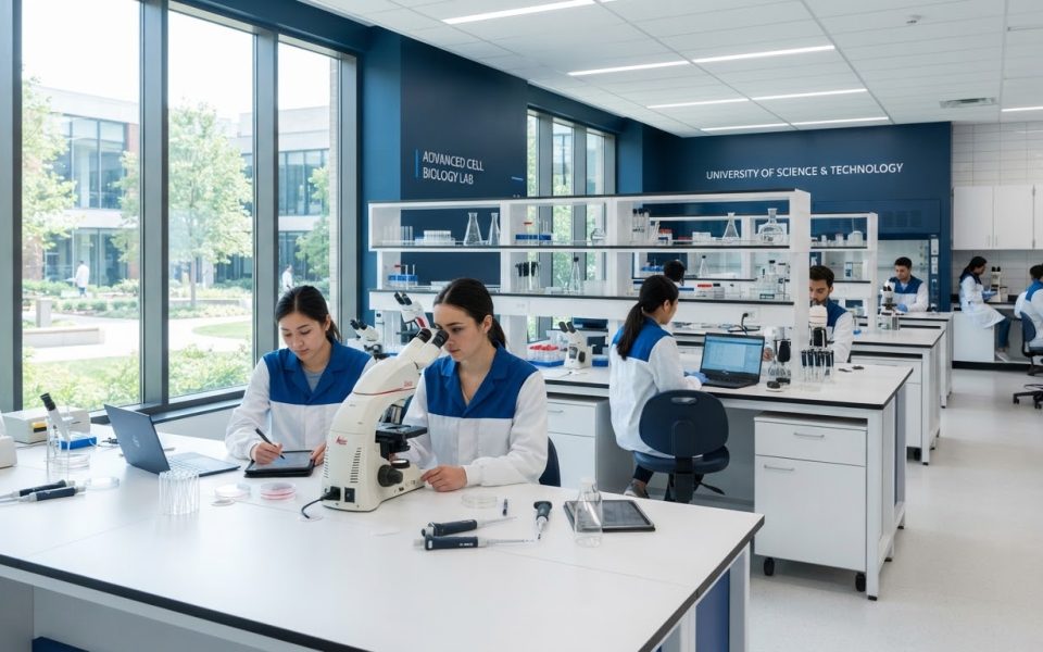 Science laboratory with microscopes on clean white benches.