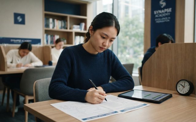 Student concentrating on a practice paper in a quiet study room.